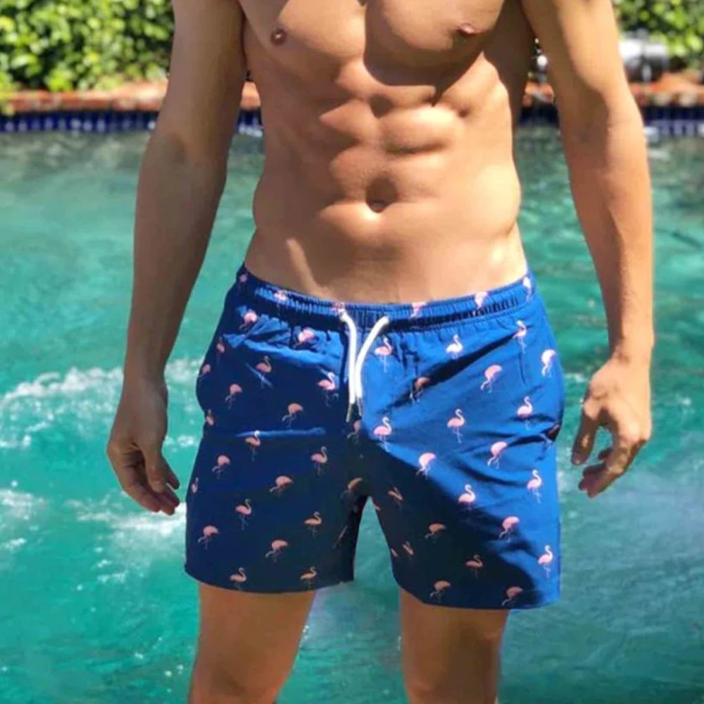 Bermies Classic Navy Miami Flamingo Men's Swim Trunks~5" inseam